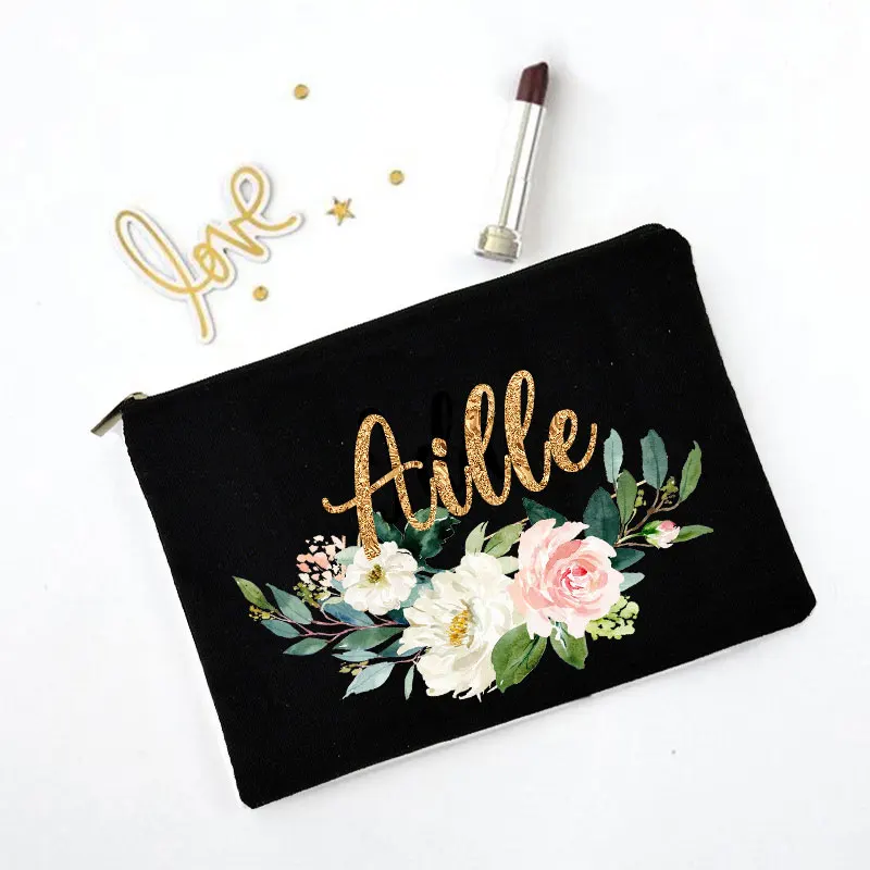 Bolsas de cosméticos personalizadas con flores para Mujer, organizador de artículos de tocador de viaje, Bolsa de maquillaje, Bolsa de lino con