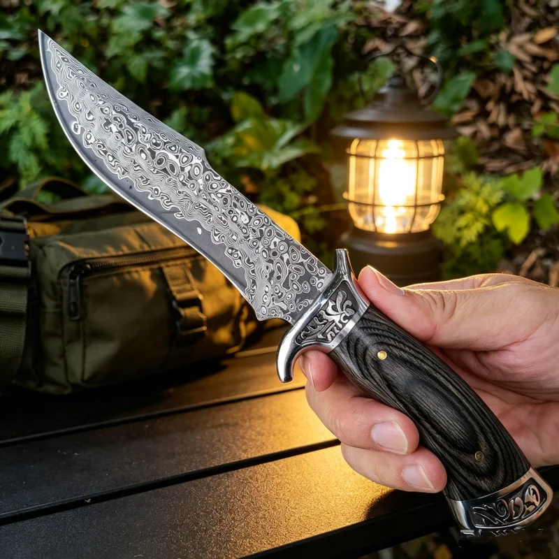 Damascus Pattern Fixed Blade Collectible Knife, Patterned Wood Handle Hand Craft Display Tool with Protective Sheath for Camping