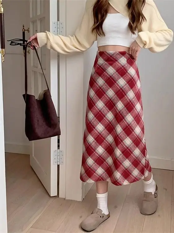 Red Plaid Woolen A-Line  Skirt Women's Autumn New Style High Waist Knitted Thickened Korean Version Commute Design