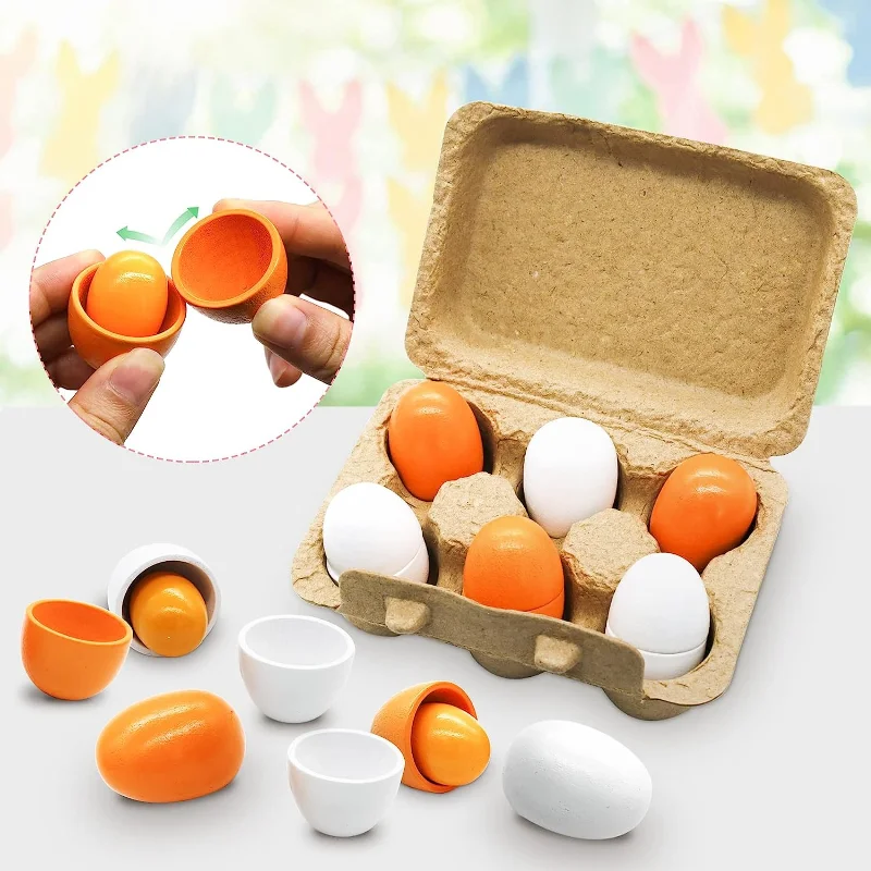 6pcs Wooden Eggs Toy Egg Kitchen Toys Kids Play Food Cooking Kitchen Pretend Play Food Set for Baby Early Development & Learning