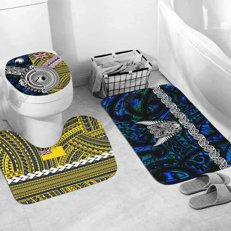 New Zealand And Niue Bathroom Set Together Three-piece set 3D printed Bathroom Pedestal Rug Lid Toilet Cover Bath Mat Set