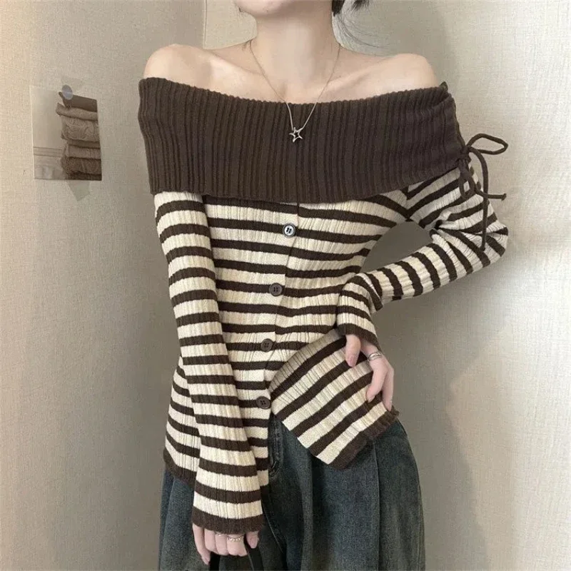 

Y2k с открытыми плечами, тонкие полосатые свитера с разрезом по подолу, осень-зима, с длинными рукавами и шнуровкой, уличные пуловеры, топ, винтажная женская одежда