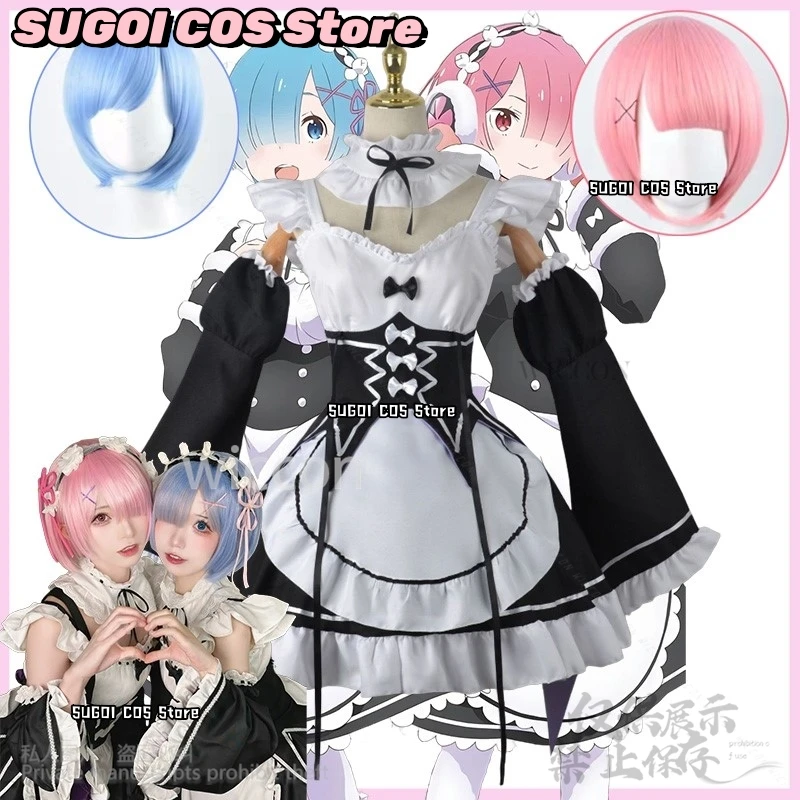 Anime Re Leben In Eine Andere Welt Von Null Cosplay Ram Rem Kostüm Maid Kleid Lolita Perücken Für Mädchen Frau Nette Cos Angepasst