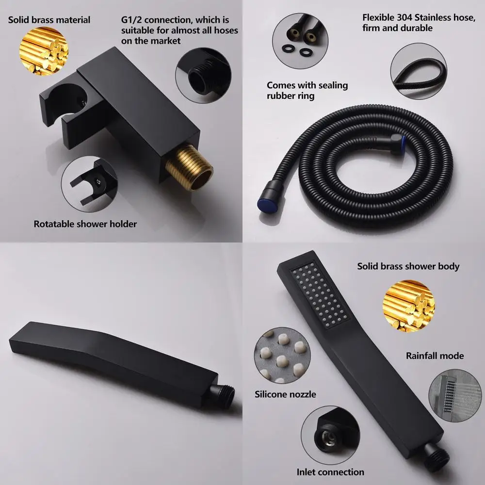 

Матовый черный квадратный ручной душевой комплект с 59-дюймовым шлангом из нержавеющей стали и регулируемым кронштейном