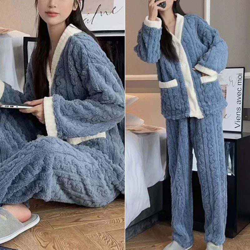 2pcs/set Women Extra Padded Warm Student Coral Velvet Set Home Warm Thickened Wear Cardigan Autumn Winter Pajamas Sleepwear