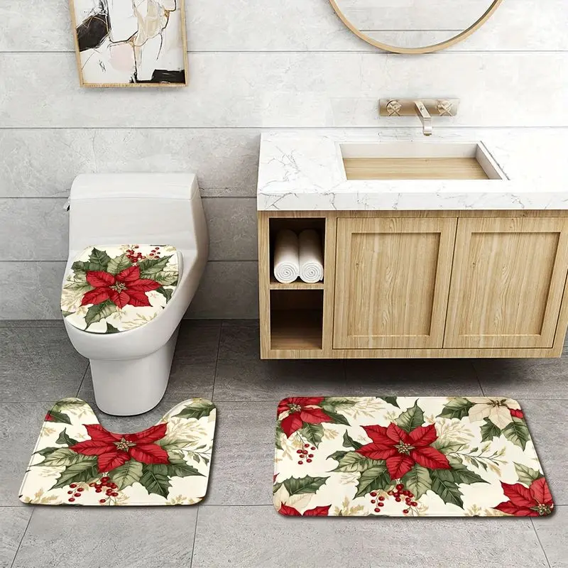 VIKAMA Poinsettia Bathroom Rug Set 3 Piece White Non Slip Absorbent Bath Mat Toilet Lid Cover For Shower Tub Xmas Decor
