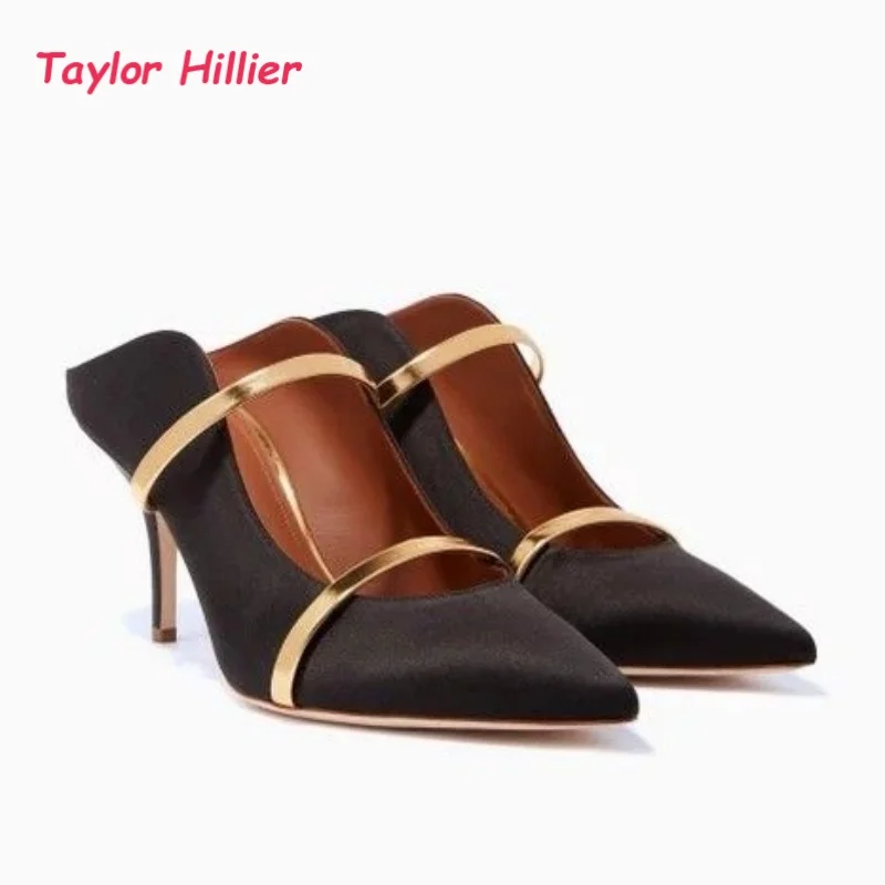 

Pointed Toe Stiletto Heels for Women Luxury Satin Mules Double Gold Band Formal Evening Party Dress Shoes Non-slip 2026 New