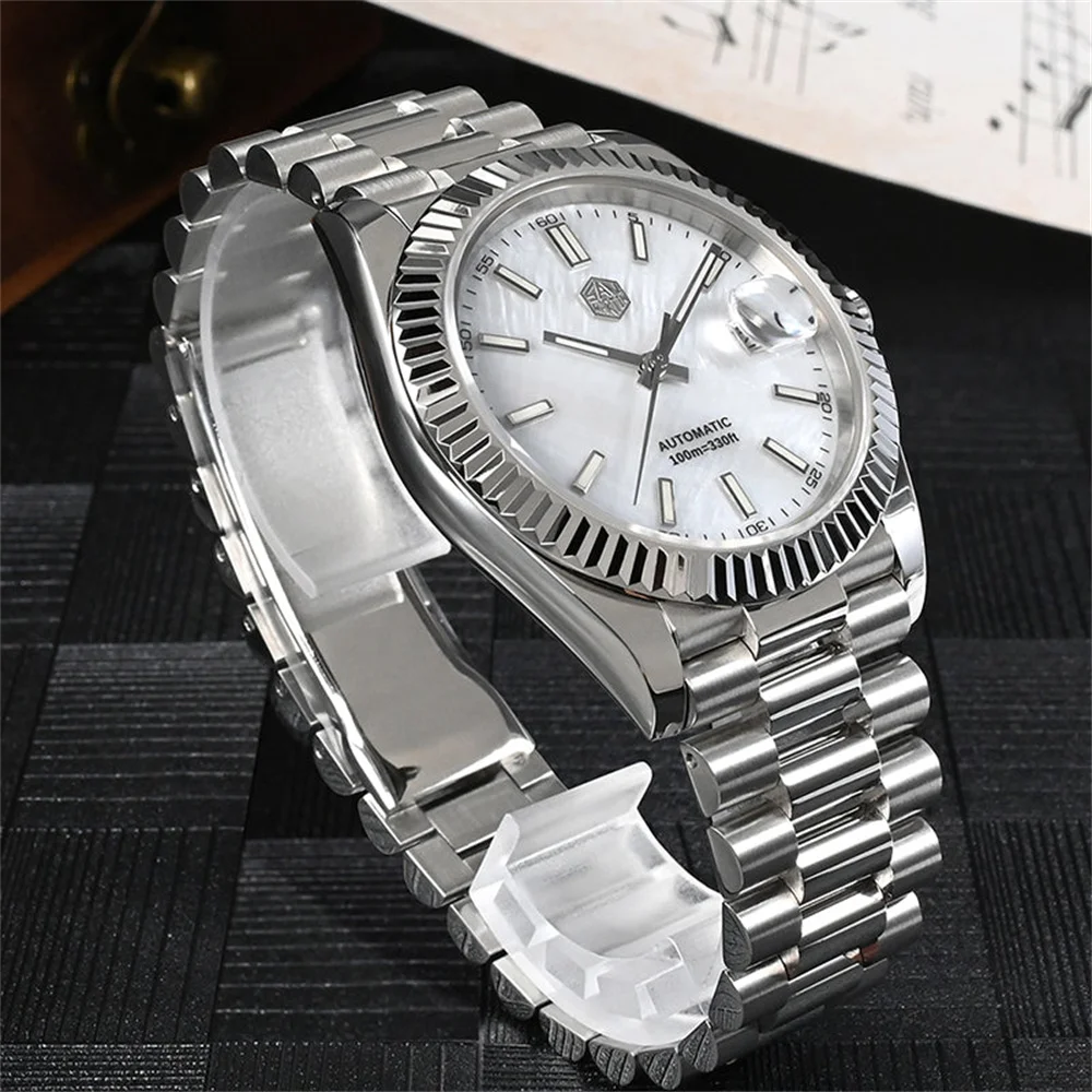 San Martin Men Watch 40mm Vintage MOP Dial Retro Business Luxury Sapphire PT5000 Automatic Mechanical Carving Fluted Bezel 10Bar