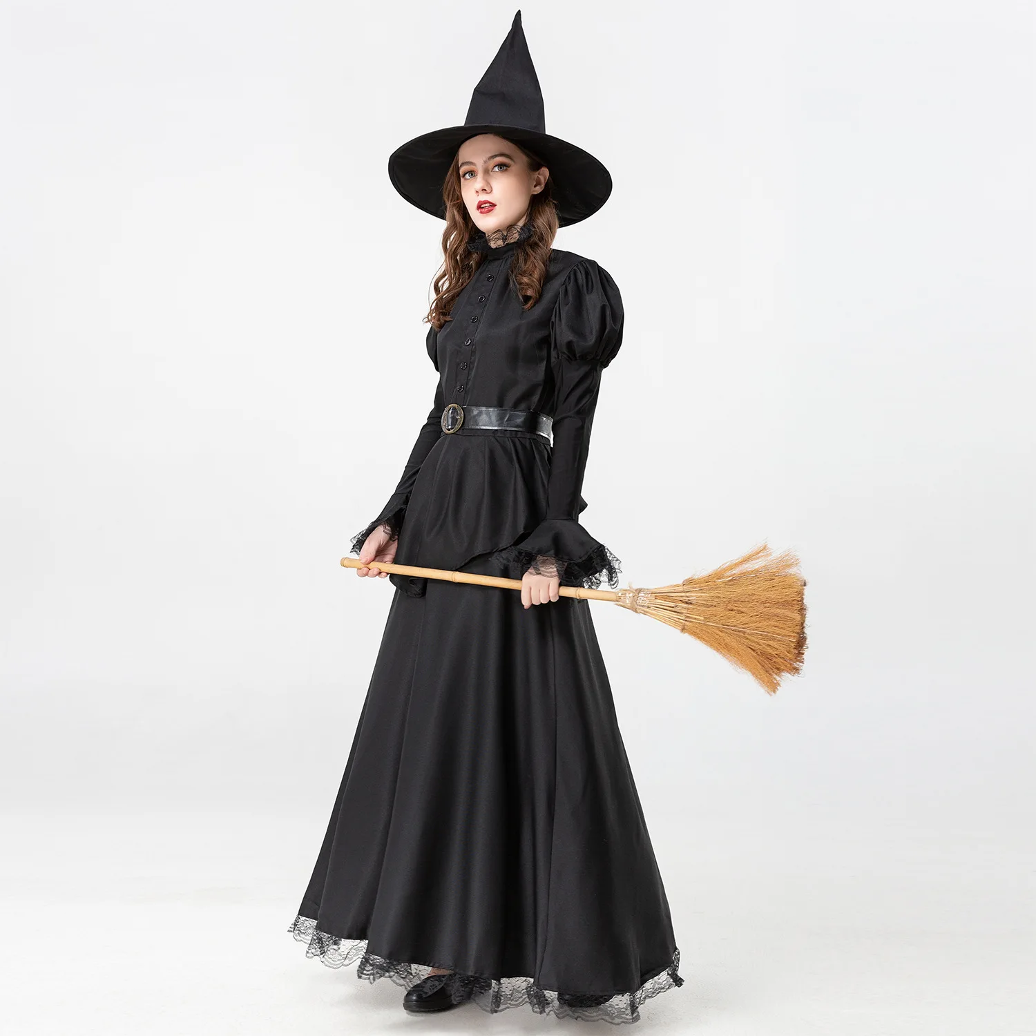 Vestido negro de Halloween, traje de juego de bruja, escoba, espectáculo de escenario