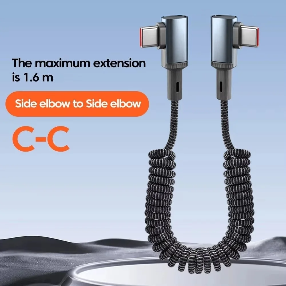 100W Car Spring USB Type C To Type C Cable Fast Charging 90° Elbow UAB A to Type C Data Cable for iPhone Samsung Tablet Laptop