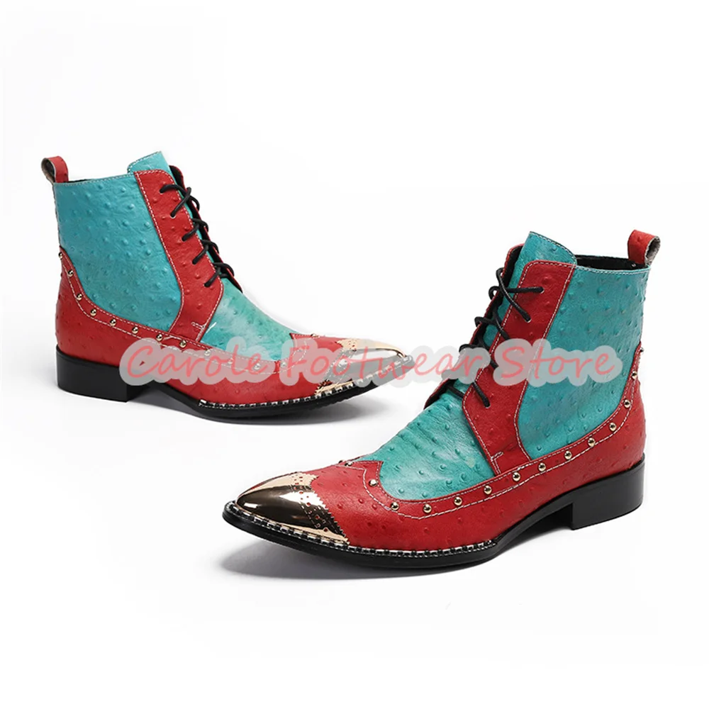 

British Style Mixed Color Leather Lace-up Ankle Boots for Men Rivet Metal Round Toe Chunky Heel Chelsea Boots Male Dress Shoes