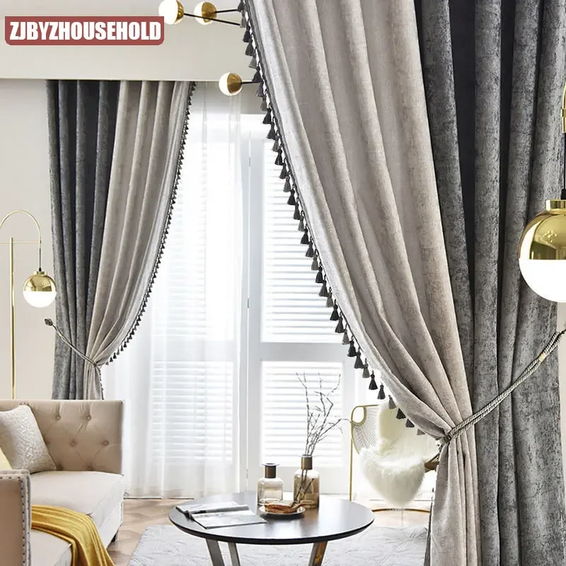 Retro European Chenille Luxury Curtains for Living Room Bedroom Double Color Gray Mosaic Tassel Lace Blackout Tulle Customize