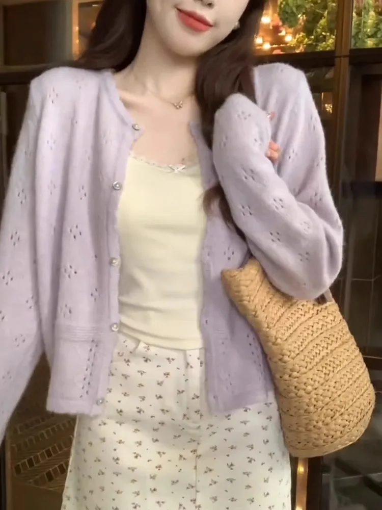 Sweet Sister Hollow out Knitted Sweater Light Purple Open Cardigan Women's Spring Summer Korean Sle Gentle Sle Small Size...