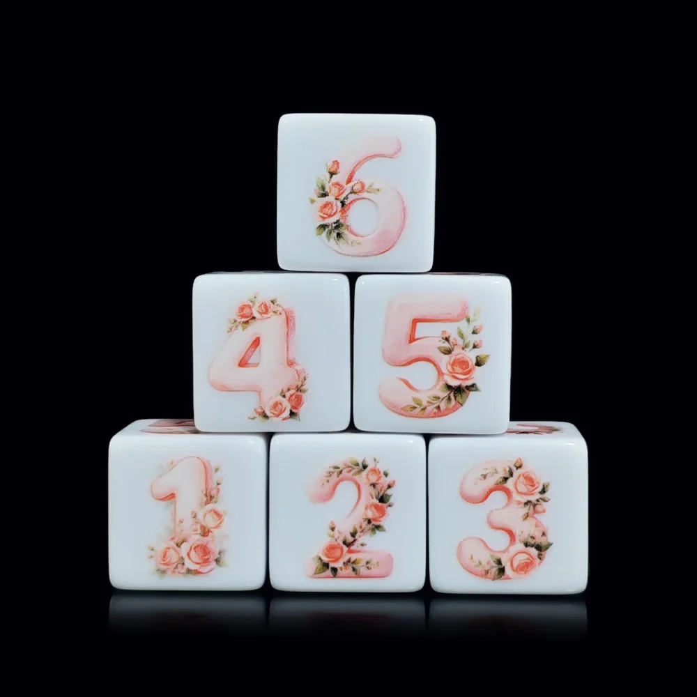 12Pcs 16MM D6 Printed Dice White 6Sided Watercolor Pink Rose Floral Print DND Tabletop Game Wedding Bridal Party Decor Gift Dice view 2