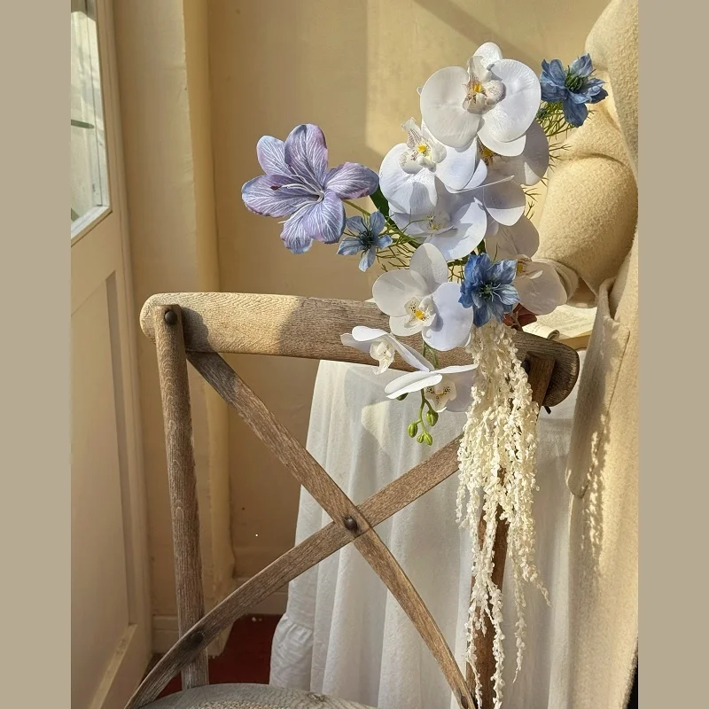 

Blue Purple Artificial Flowers Wedding Certifie Photoaphy Props Orchid Bridal Photoaphy Handheld Waterfall B...