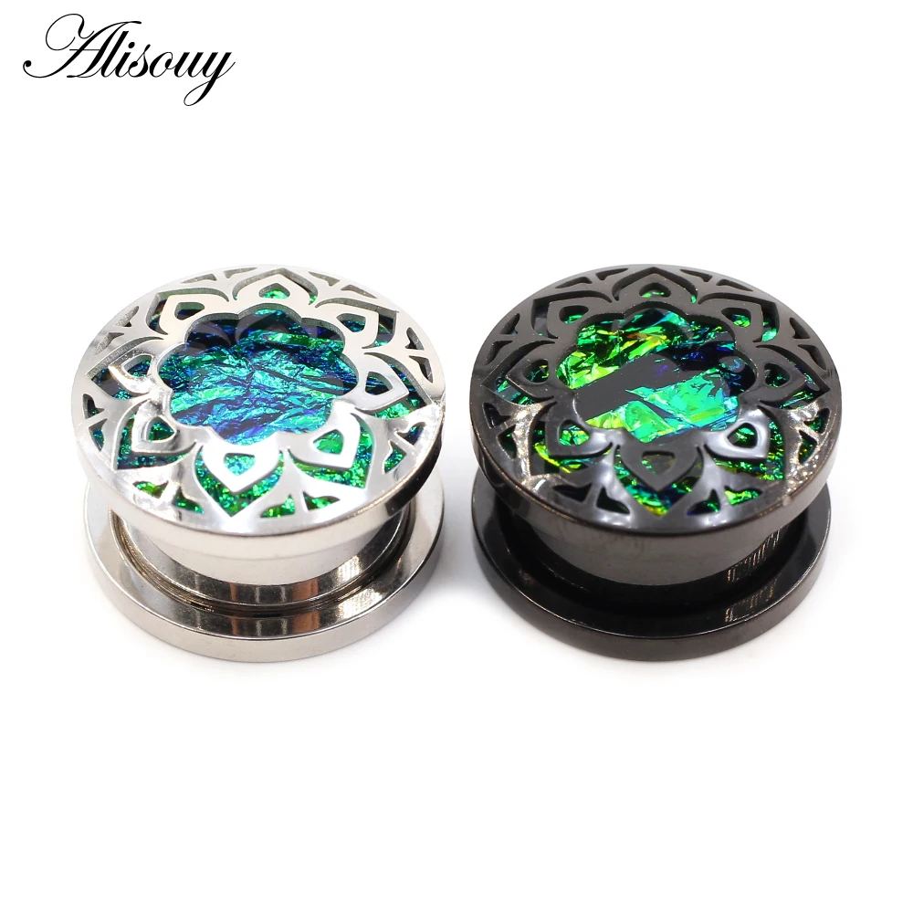 Alisouy 2pcs Retro Stainless Steel Opal Hollow Flower Ear Tunnels Plugs Expander Stretcher Gauges Earrings Body Piercing Jewelry