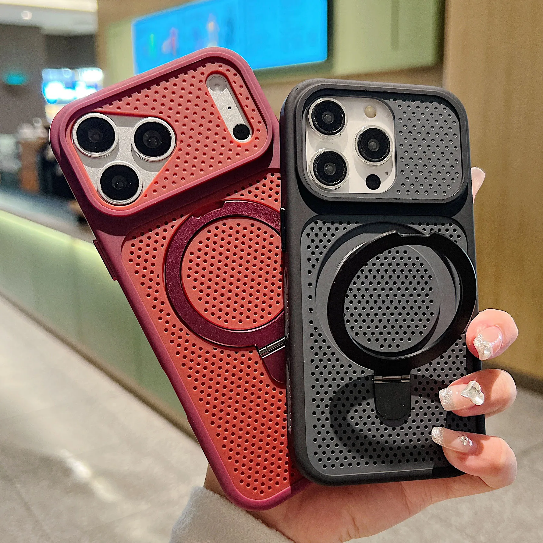 Breathable Mesh Magnetic Bracket Phone Case For iPhone 17 16 15 14 13 Pro Max Shockproof For Magsafe Cooling TPU PC Back Cover
