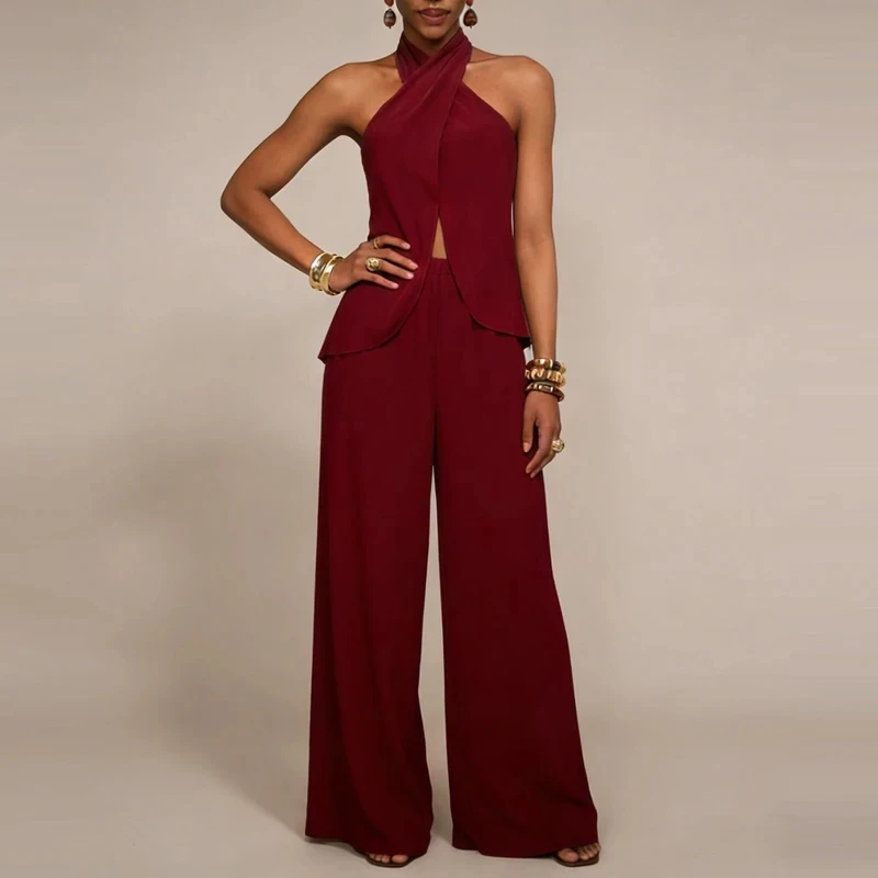 

Summer New High Waist Party Suits Vintage Design Style Backless Halter Vest&Pants Sets Casual Women Hollow Out Commute Outfits