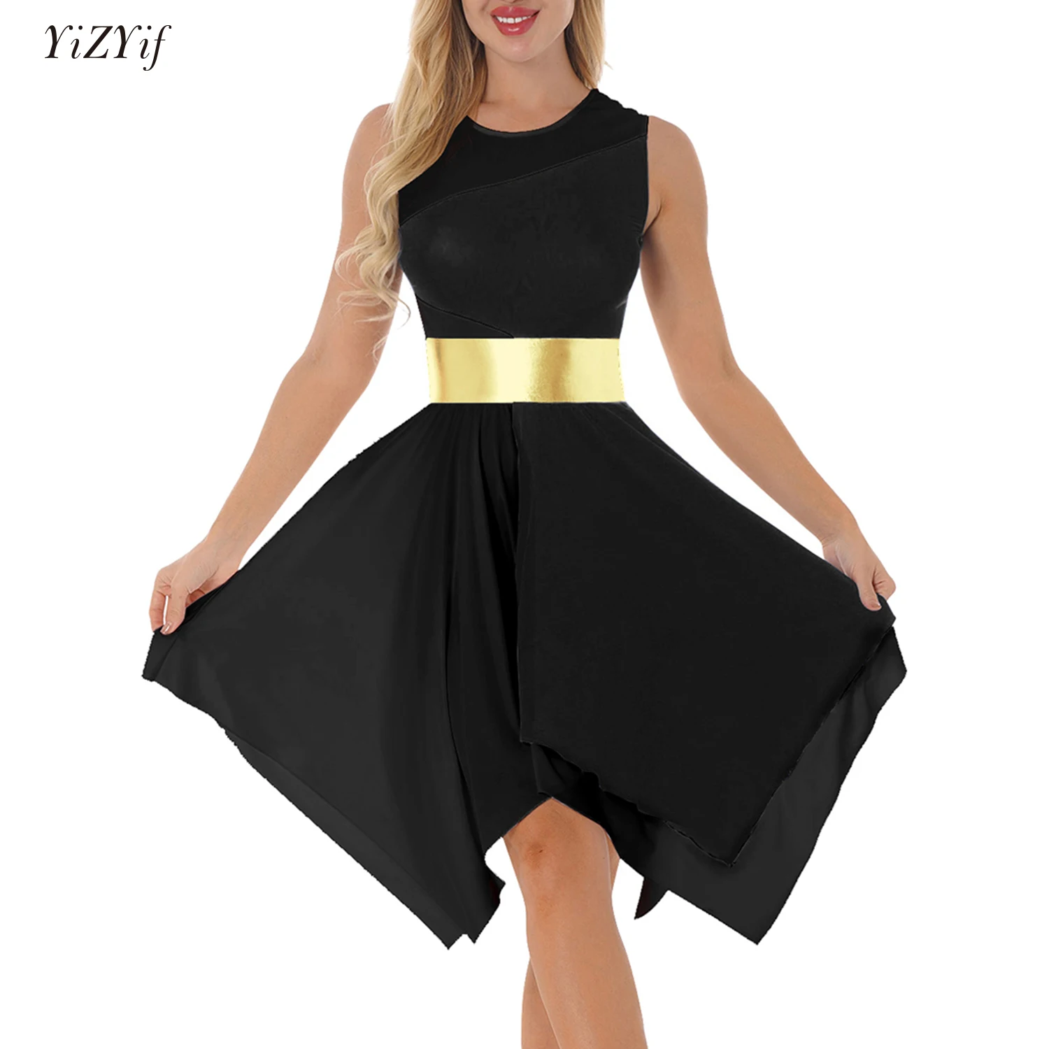 

Womens Lyrical Dance Dress Color Block Sleeveless Moden Dance Dresses Ladies Dancewear Prom Party Stage Performance Costumes
