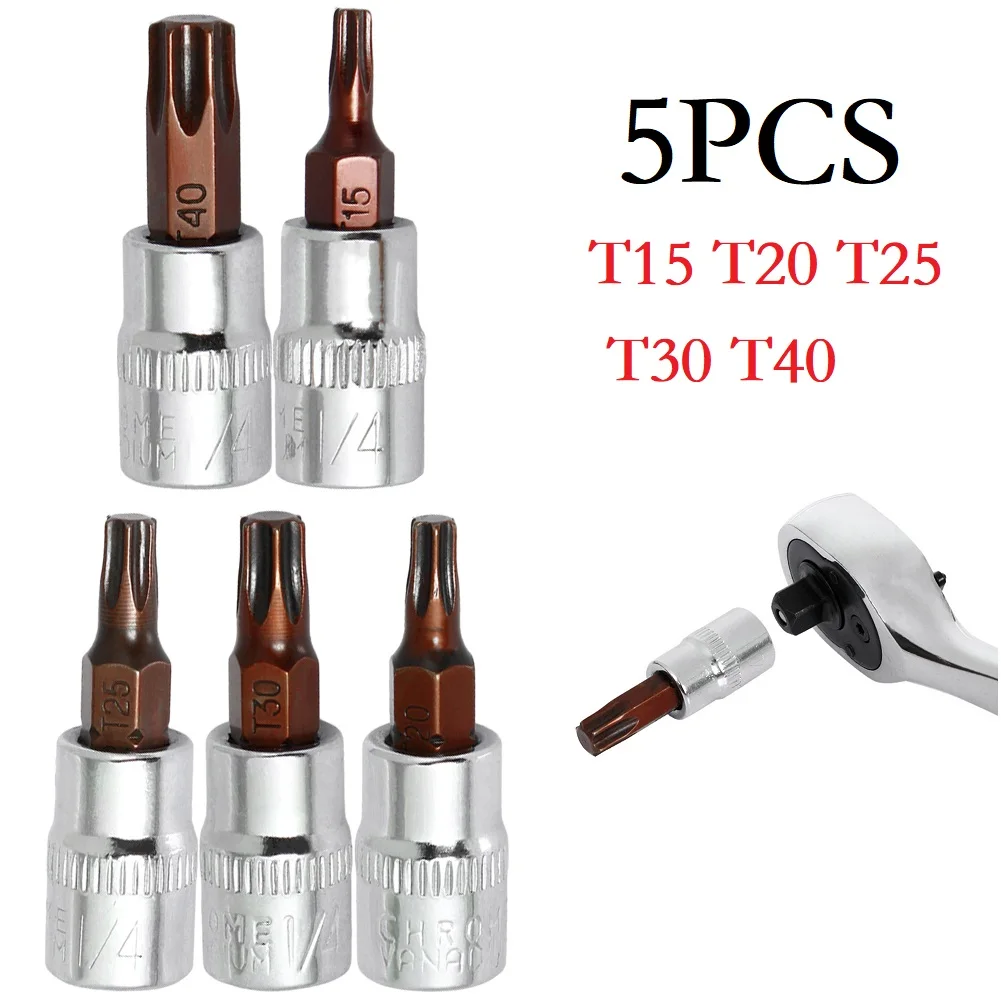 

5Pcs Socket Wrenches Screwdriver Bits Hex Shank T15/T20/T25/T30/T40 Torx Screwdriver Bit Accessories 1/4 Inch Drive Socket Tool