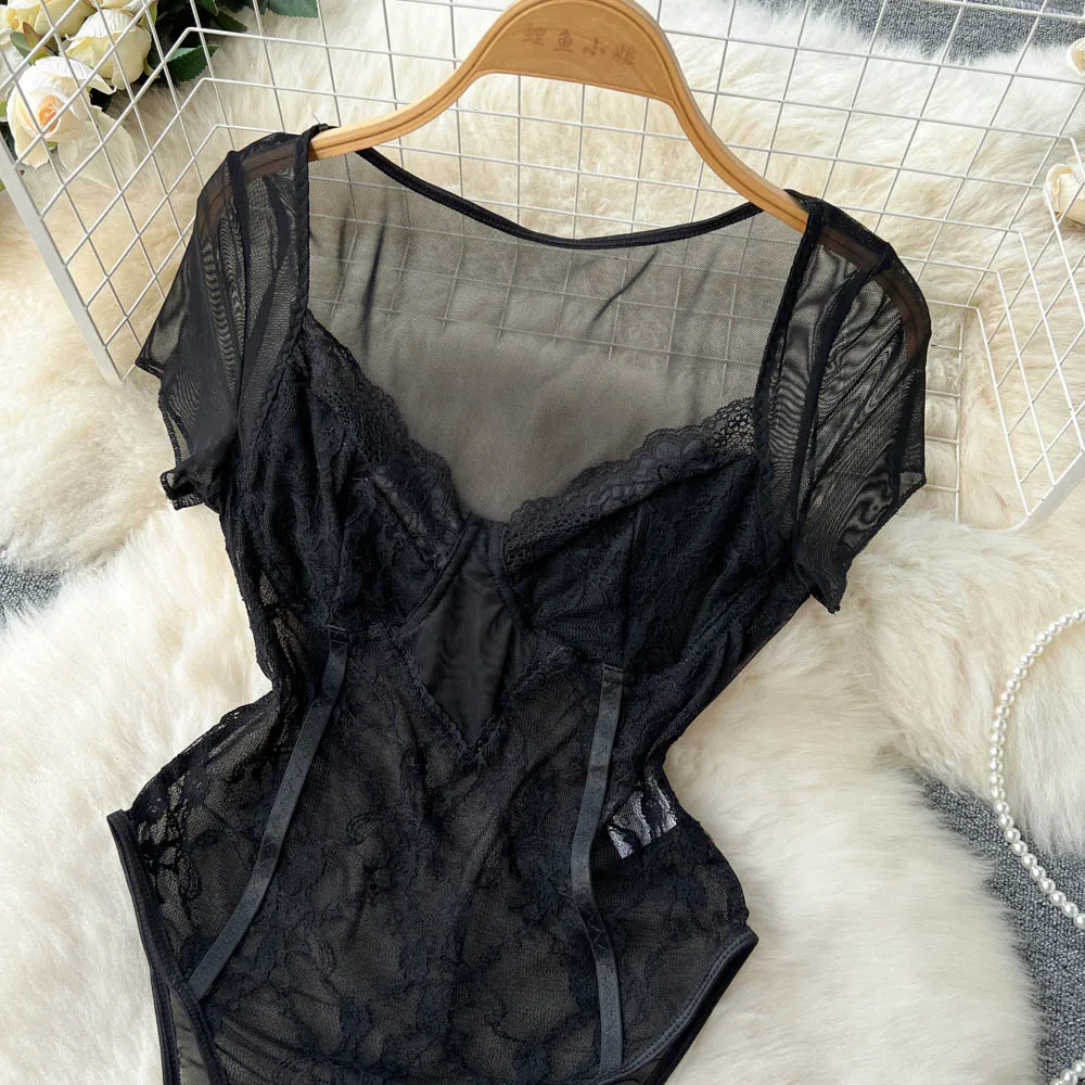 Foamlina New Design See Through Mesh Lace Bodysuits for Women Sexy Black V-neck Short Sleeve Skinny Fit High Waist Club Body Top