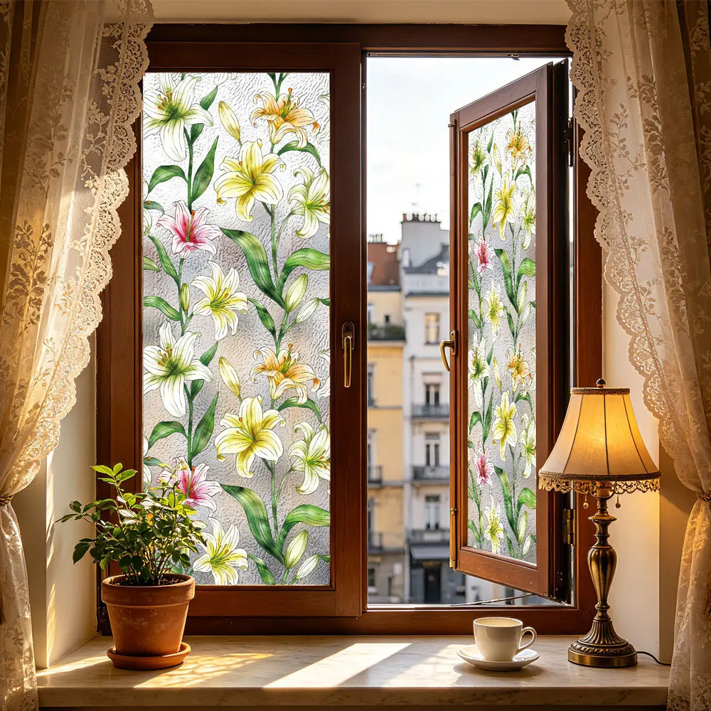 1PC Water Ripple Double-side Window Film Static Cling Stained Glass Stickers Flowers Printed Home Window Decor
