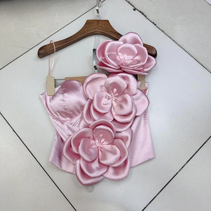 Thirteen Rows Of Vietnamese Niche Sexy Sloping Shoulder Tank Top, Suspender Design, Three-dimensional Flower Top A3#5316