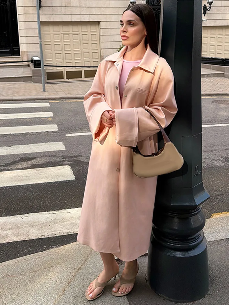 Damen Rosa Langer Trenchcoat mit Revers, Einreihig, Lange Ärmel, Lockere Passform, Taschen mit Schlitz, Jacke für Frühling/Herbst 2026, Büro-Damen Windbreaker