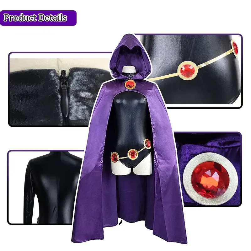 Disfraz de CyCafele TeenTitans-Raven, mono de lujo con cinturón y capa morada, uniforme de Halloween, accesorios de disfraz para mujer