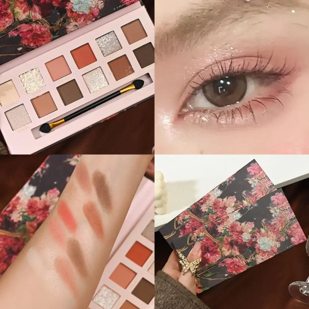 

12-цветная блестящая палитра теней для век, тонкая вспышка с зеркалом/кистью, коричневая пластина для теней для век, матовая перламутровая масляная краска Begonia