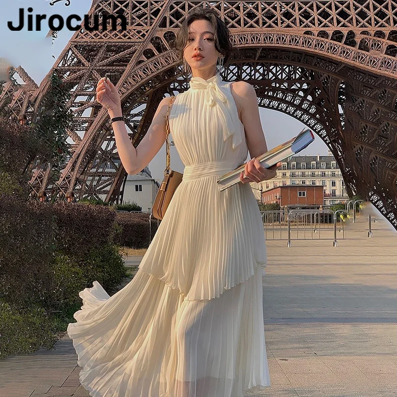 Jirocum Elegant A-Line Prom Gowns Women's High Neck Sleeveless Pleated Party Evening Gown Ankle Length Tiered Formal Occasion