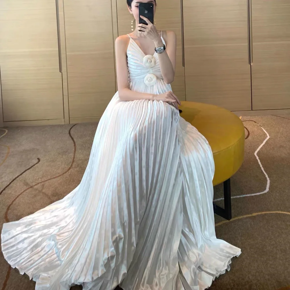 FLORINE TULIRAIN Ankle-Length A-Line Spaghtti Strap Evening Dress White Pleat Cocktail Prom Gown Saudi Arabia For Sexy Women