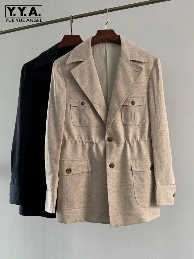 Vintage Mens Linen Jacket High Quality Single Breasted Multi Pockets Outwear Coat Spring Summer Business Man Casual Work Jacket