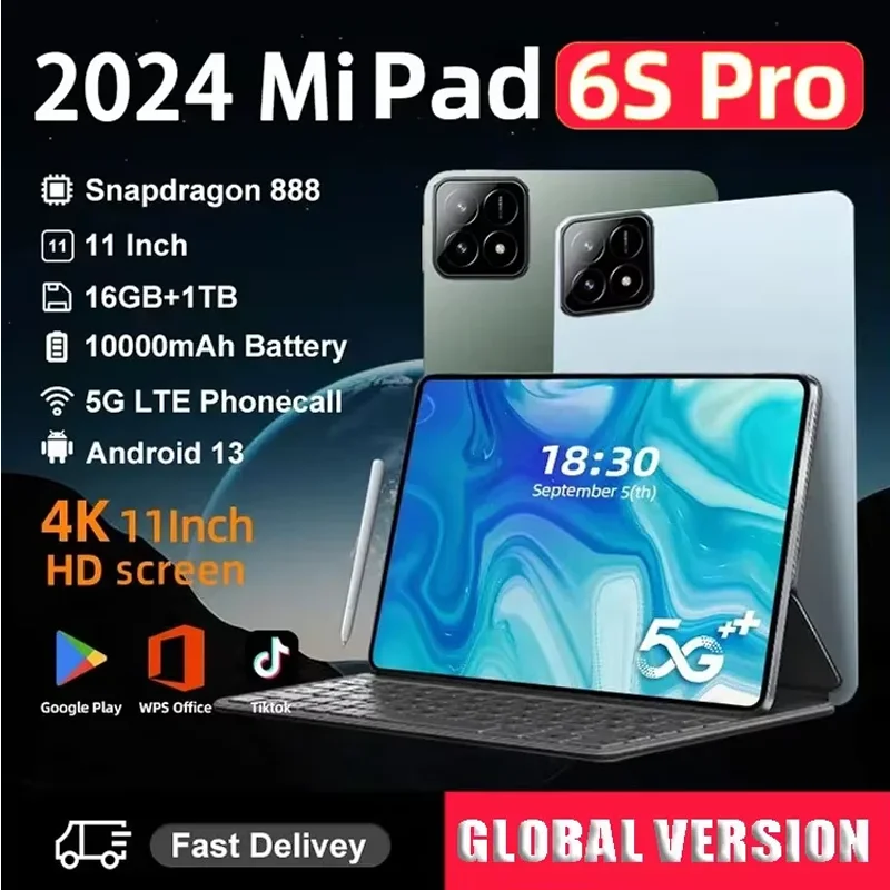 

2024 НОВЫЙ оригинальный планшет Pad 6S Pro, 11 дюймов, Android 14 Mini Pc, 16 ГБ + 1 ТБ, 10000 мАч, 5G, Dual SIM, Bluetooth, Wi-Fi, сетевые планшеты