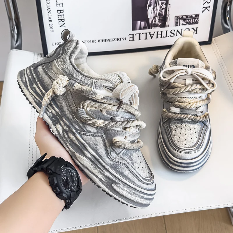 

Women Shoes Men Vintage Y2K Dirty White Punk Hip-hop Skateboard Shoes Unisex Fashion Sneakers Couples Outdoor Sports Casual Shoe