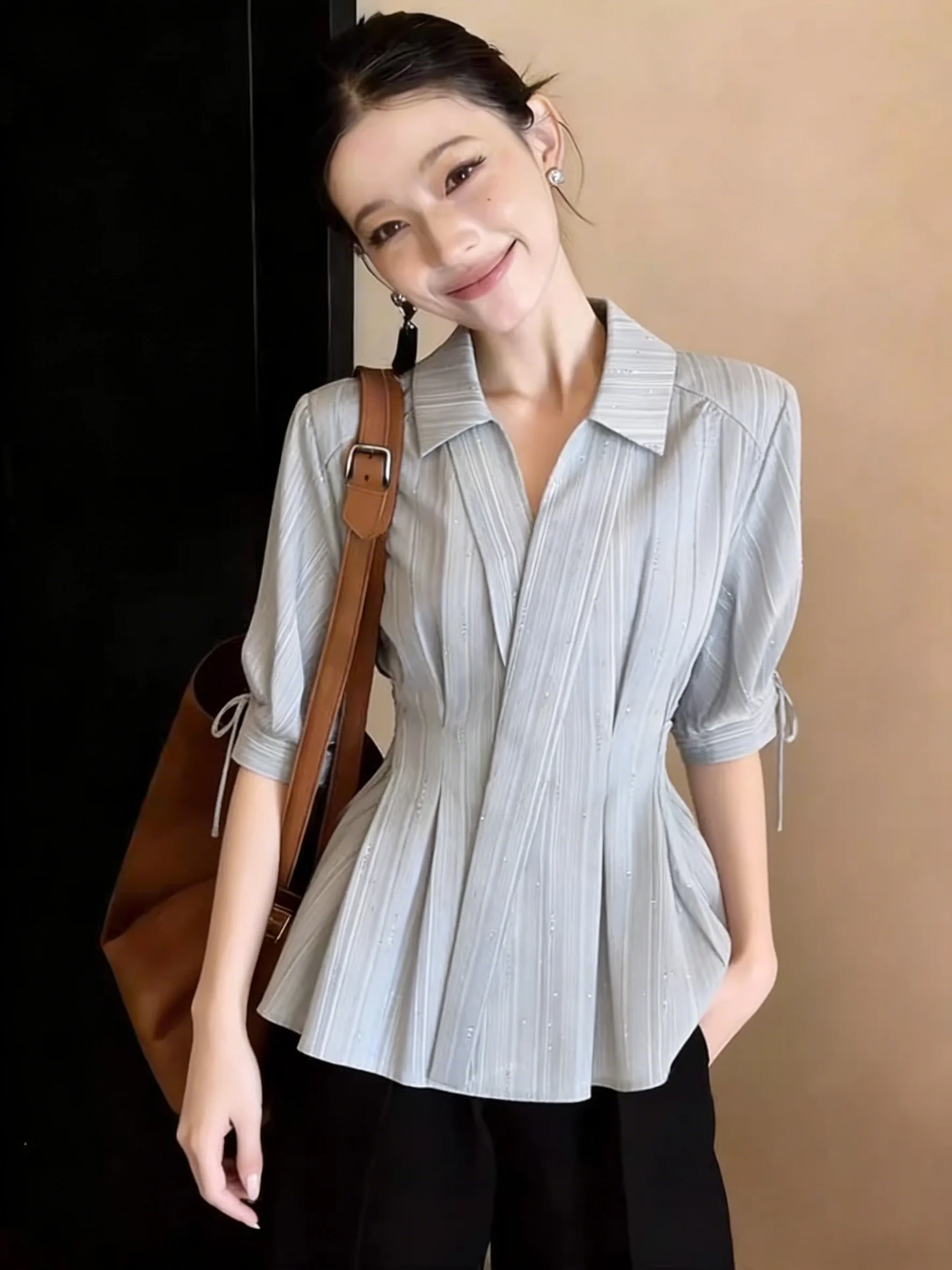 

Blue Striped Women's irt Summer New Sle V-Ne Waist Cinching Dstring Heavy Embellied Diamond Commute Korean Loose Fit