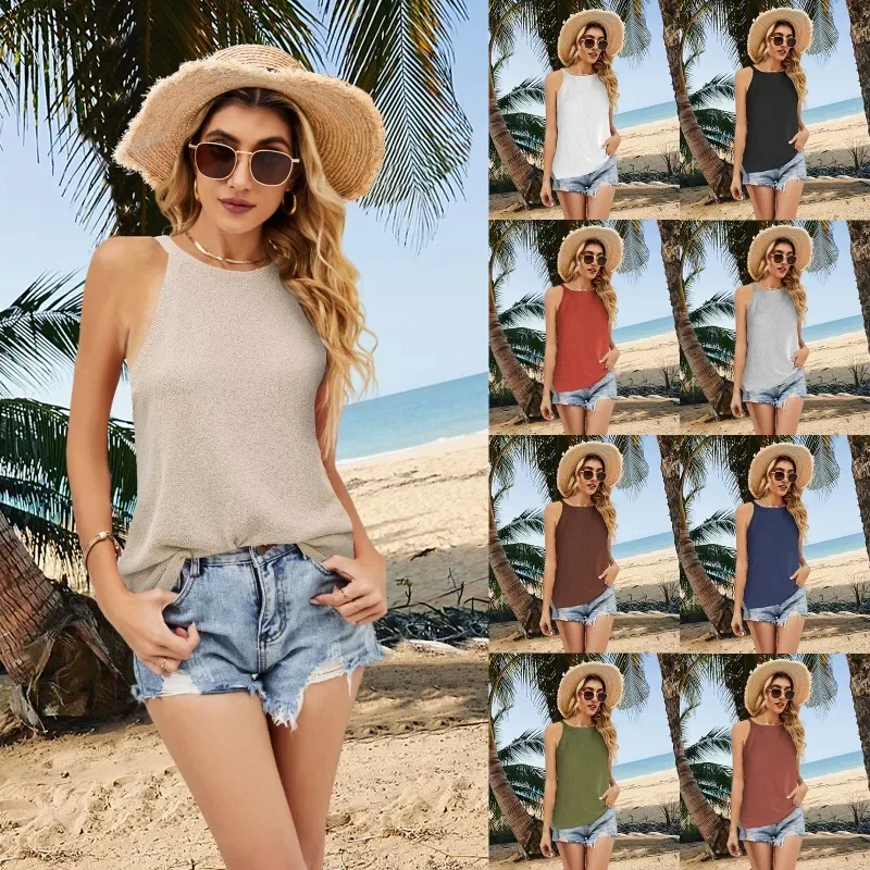 2024 European and American street women's suspender popular fashion loose hanging neck solid color knitted vest SFC38-4