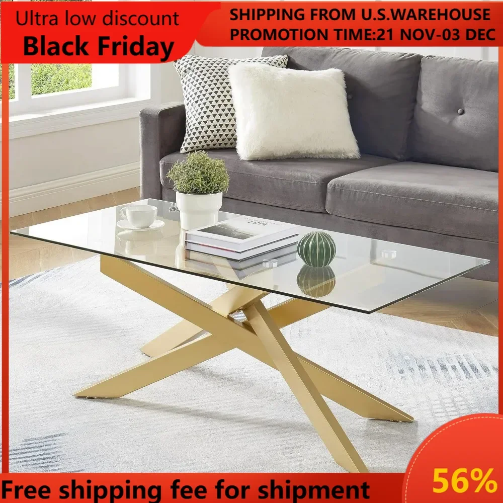 Rectangle Modern Coffee Table, Tempered Glass Top and Metal Tubular Leg, 47.3”Lx23.6”Wx18.1”H, Gold