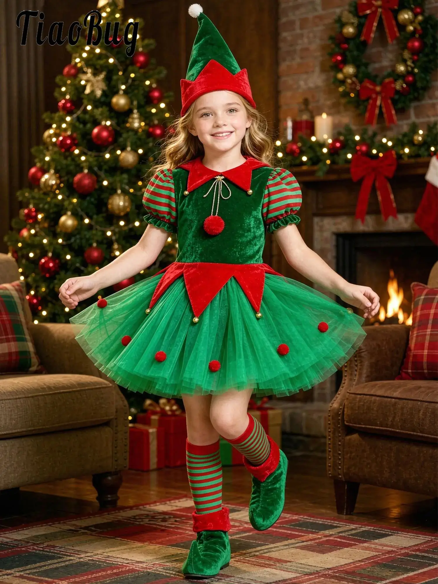 Kids Girls Christmas Elf Outfit Puff Sleeves Velvet Bodice Tulle Dress with Hat Socks Shoe Covers for Role-playing Theme Party