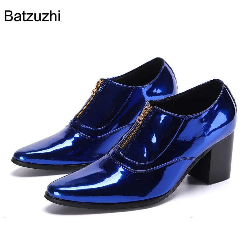 

Batzuzhi 7.5cm High Heels Men's Shoes Pointed Toe Blue Leather Dress Shoes Men Zip Patent Leather Party & Wedding Shoes Man!