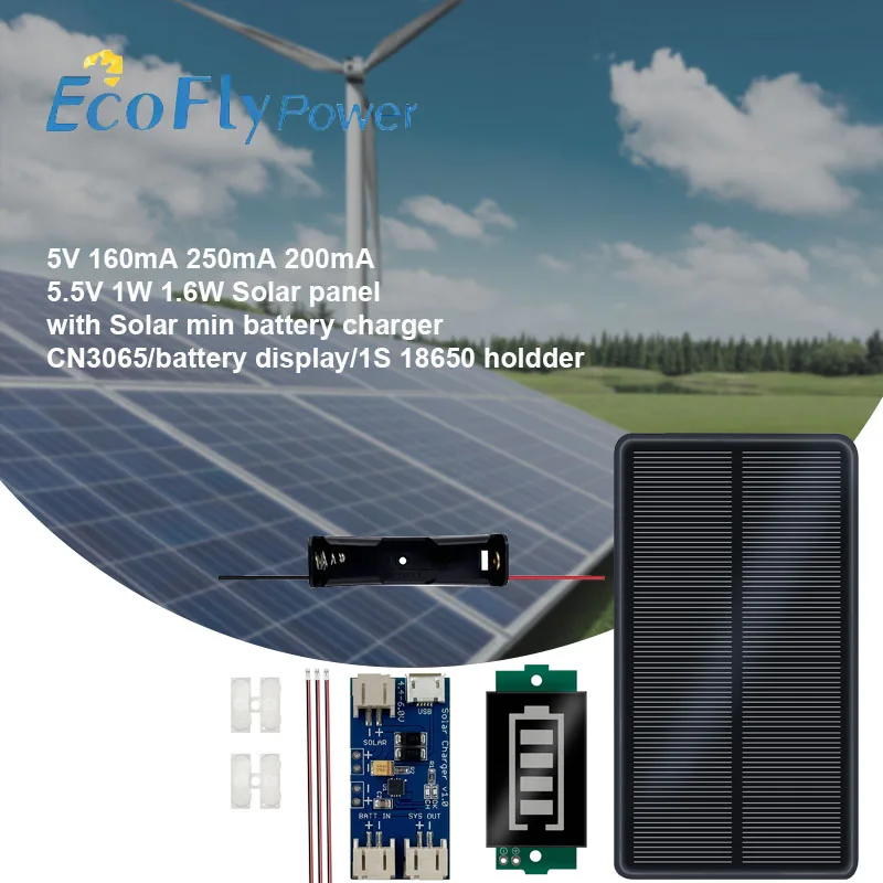 Solar Panel 5V 5.5V with Solar Min Battery Charger CN3065/Battery Display/1S 18650 Holdder DIY KIT 160mA 180mA 200mA 250mA