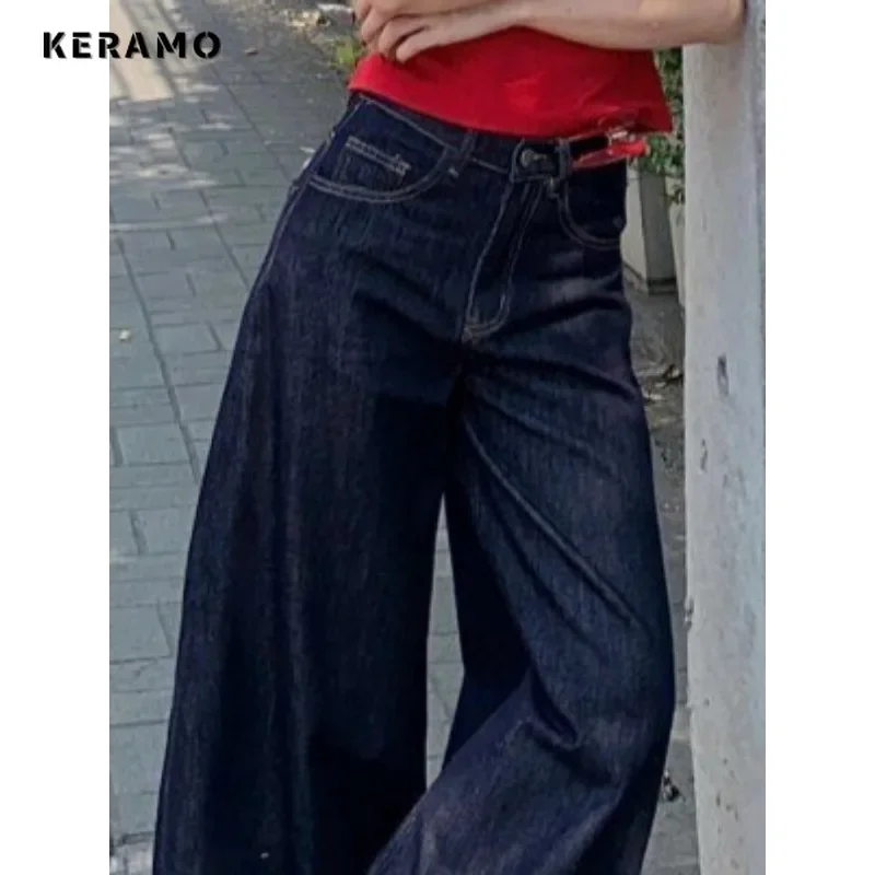 Women\'s Y2K Solid Color Denim Trouser Washed Vintage Casual Classic Emo Pants Female Grunge High Waist High Street Retro Jeans