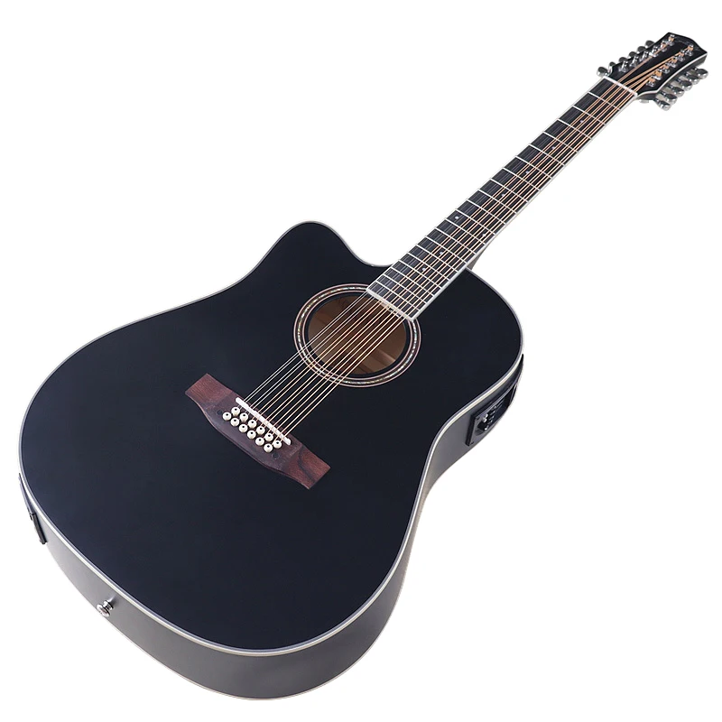 Guitarra acústica eléctrica de 12 cuerdas para mano izquierda, guitarra folclórica de 41 pulgadas, madera de abeto, acabado mate negro con pastilla afinadora