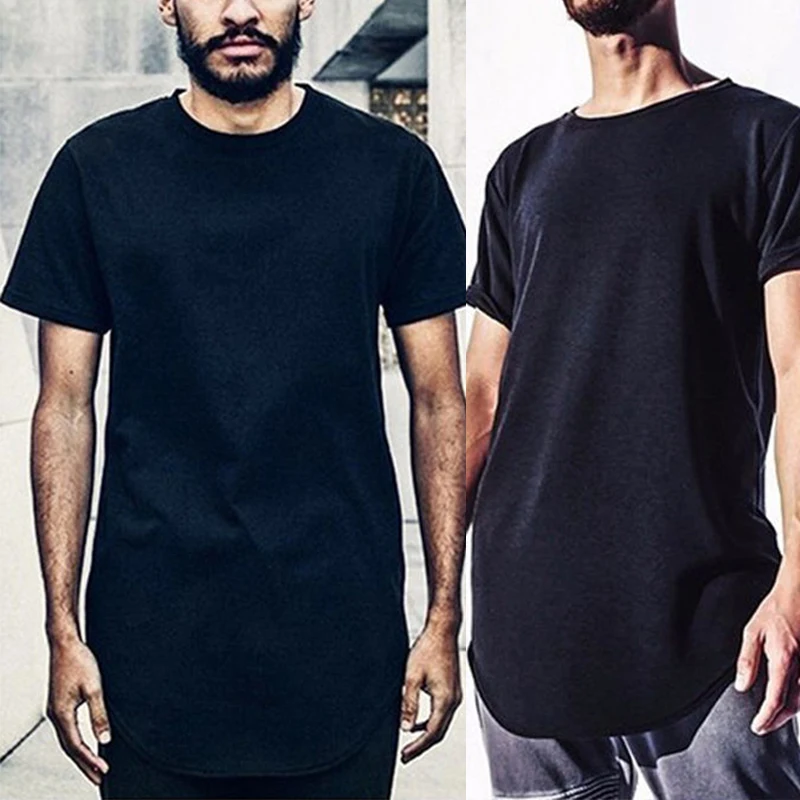 Casual Solid Black White Cotton Slim Short Sleeve O Neck Long Style T-Shirt Tee Tops T Shirts Clothing For Men Male