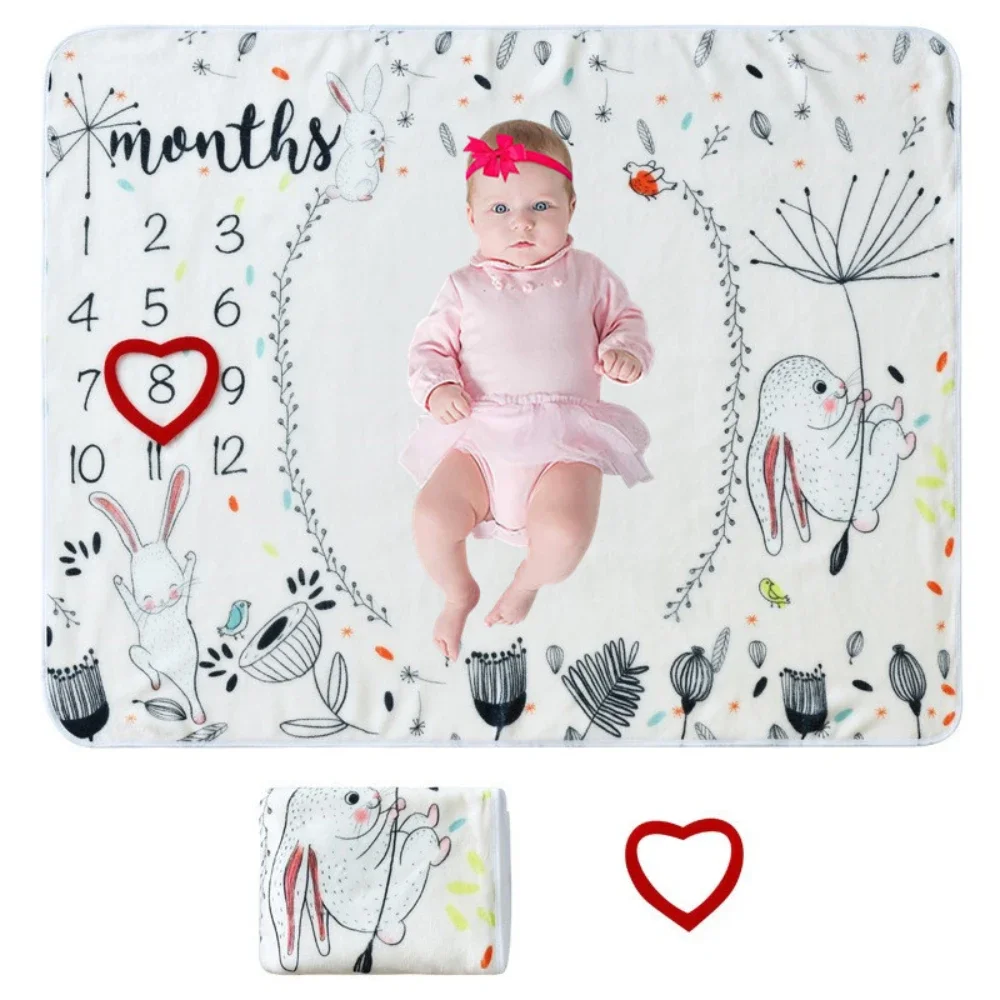 Memorial Photography Background Blanket Baby Milestone Photo Blanket Cute Rabbit Flower Print Blanket Baby Growth