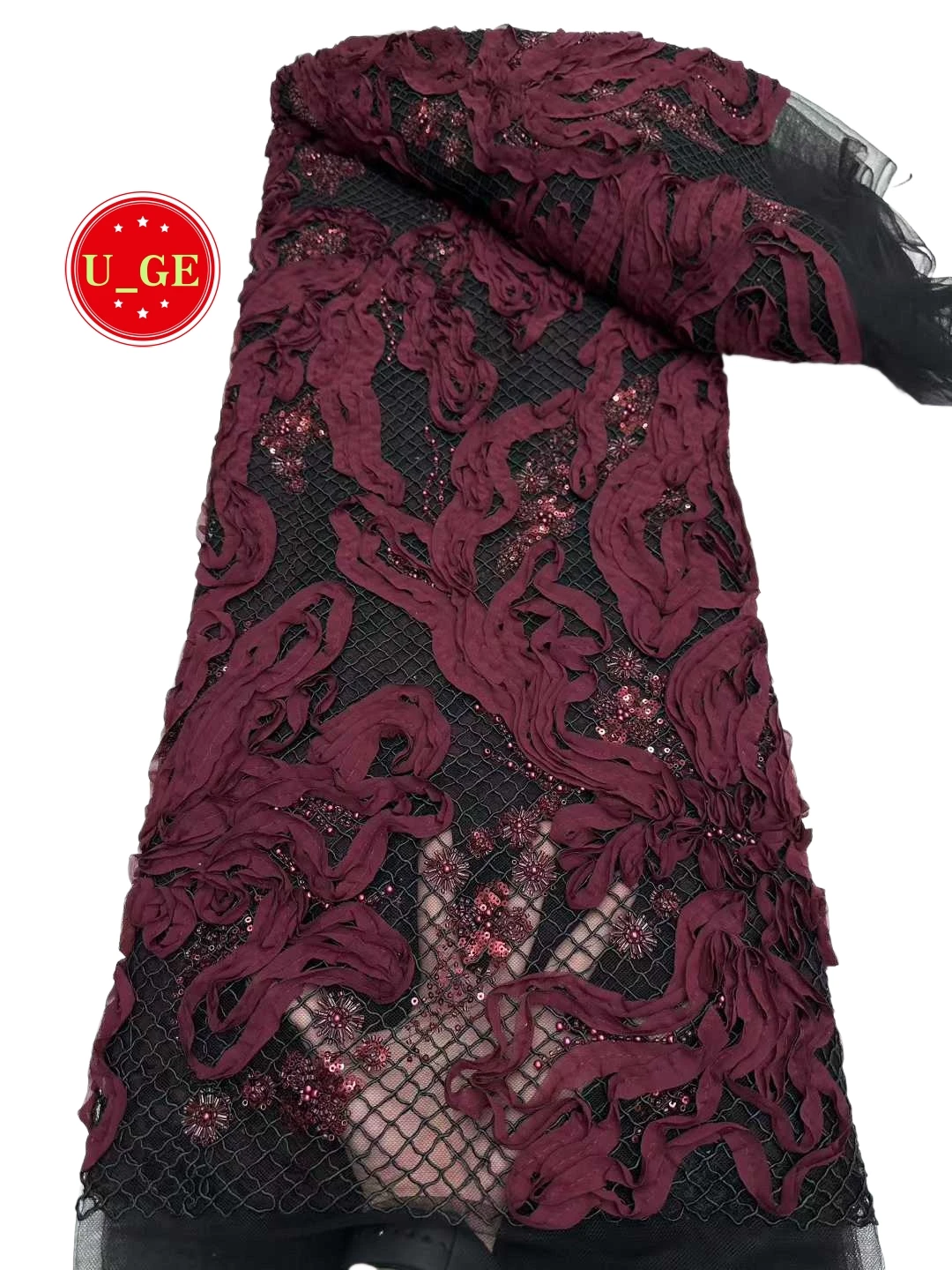 

2026 Popular Luxury Soft Chiffon Hemline Lace Fabric with Sparkling Stones – Ideal for Wedding Party Dresses U_Ge9586