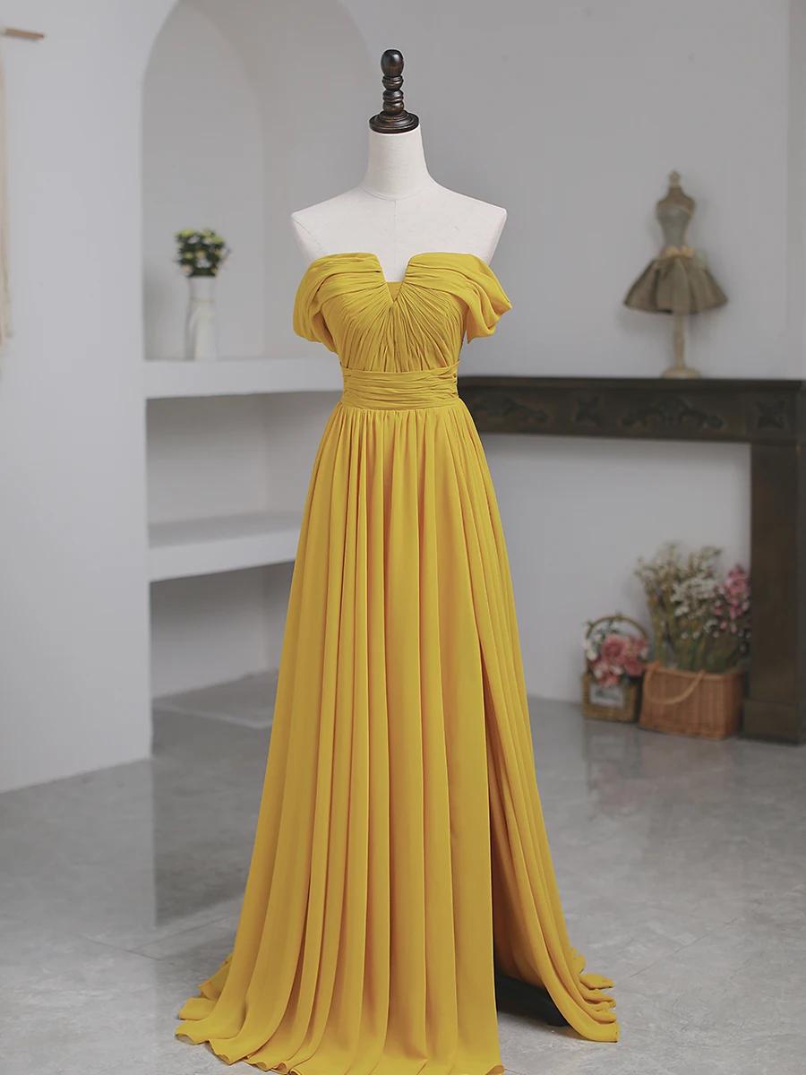 Yellow shoulder evening dress banquet annual meeting host holiday dress bar mitzvah banquet dress dress