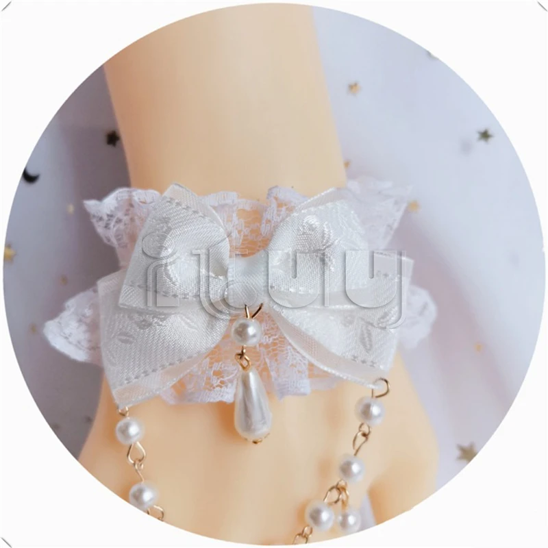 Kawaii Lolita KC Bracciale con maniche a mano Polsini da polso Bowknot Lace Trim Cameriera Accessori Cosplay Ragazza Sposa Ornamenti
