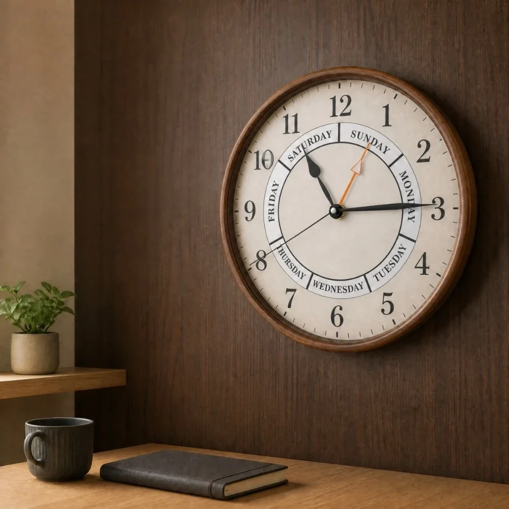 Premium Vintage Wooden Wall Clock with Weekday Display Silent Non‑Ticking Round Clock for Home Living Room Bedroom Office Decor