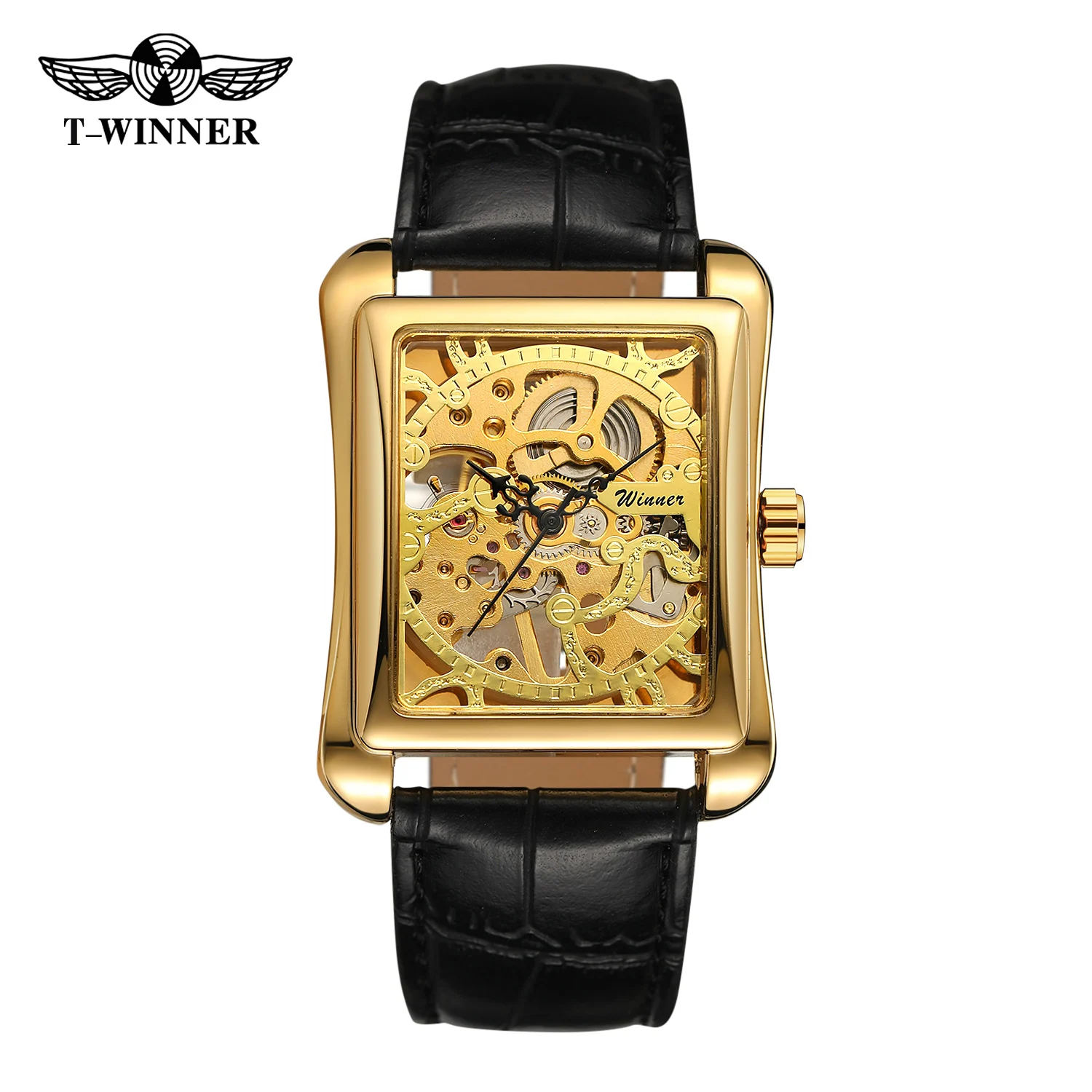 

T-WINNER Классические мужские механические часы со скелетом и гравировкой, квадратный корпус, эксклюзивный кожаный ремешок с указателем, повседневные спортивные наручные часы